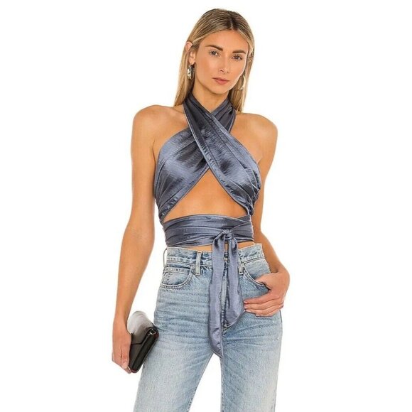 LPA 532 Top Midnight Blue Halter Satin - Picture 1 of 3